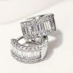 - 18k White Gold Baguette Cz Diamond Huggies